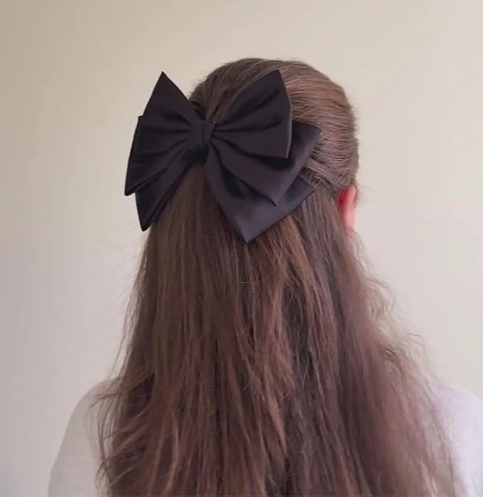 3 Pack Pink, Off White & Black Hair Bows - Bow Clips for Women and Girls - Luxury Silky Satin Barette Hair Clip - Cute Hair Accessories, Hair Clips for Girls