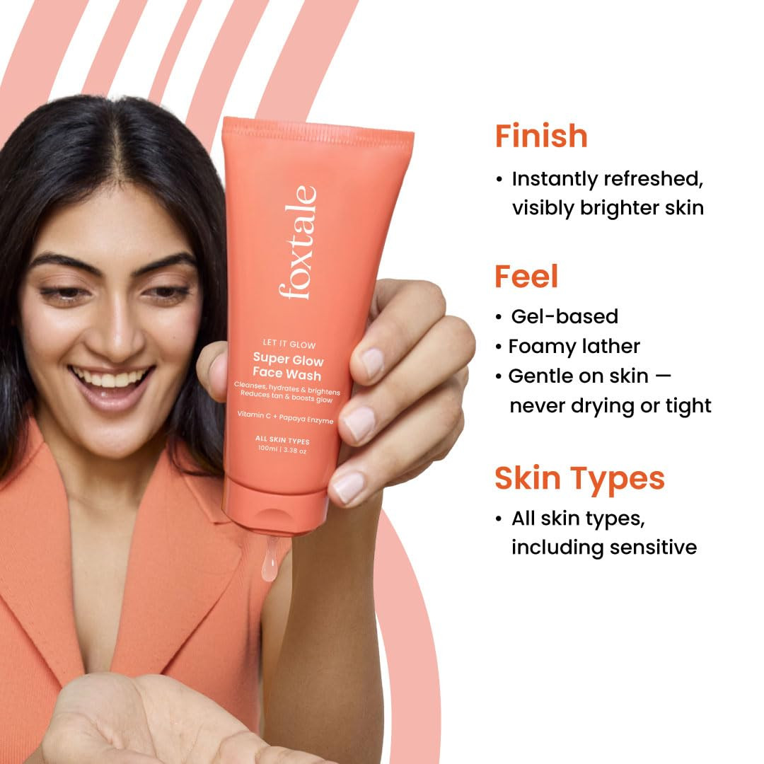 Foxtale Vitamin C Super Glow Face Wash with Papaya enzyme | Reduces Tan | Boosts Glow | Gently Exfoliates & Brightens Skin | Reduces Pigmentation | Face Wash for Men & Women- 100ml