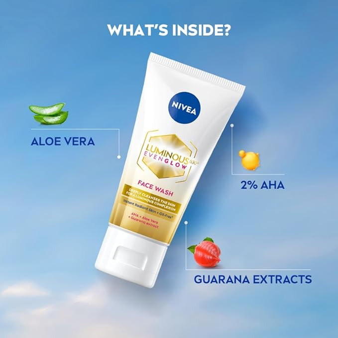 NIVEA Luminous Even Glow Face wash with an oil free formula, infused with AHA, Aloe vera, Guarana Extracts, Deeply cleanses, for Normal & Sensitive Skin, For Women & Men| 100ml