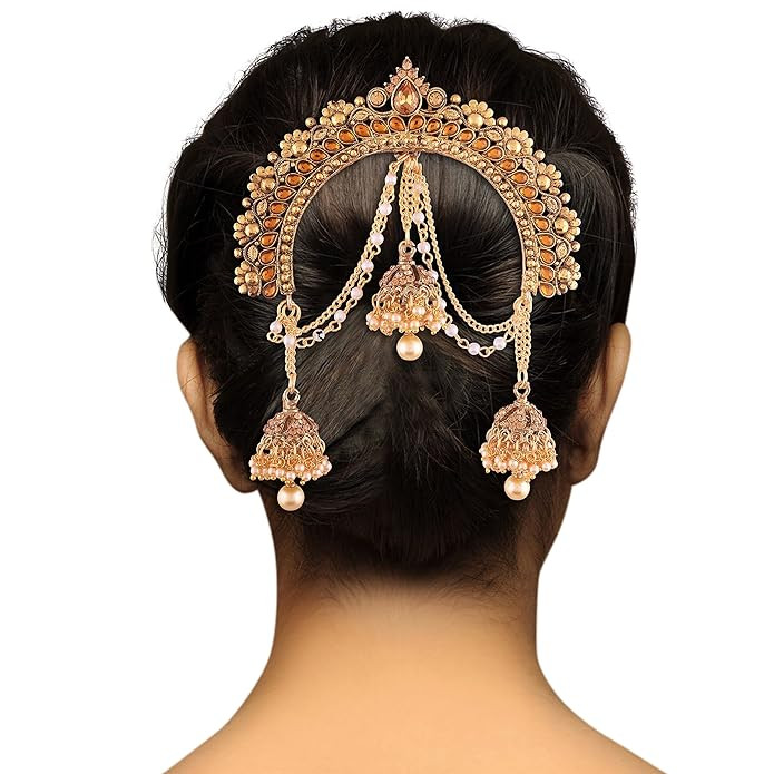 I Jewels Gold Plated Jhumki Hair Accessory Juda Pin with Chain for Women, Gold (SM34FL) Pack of 1