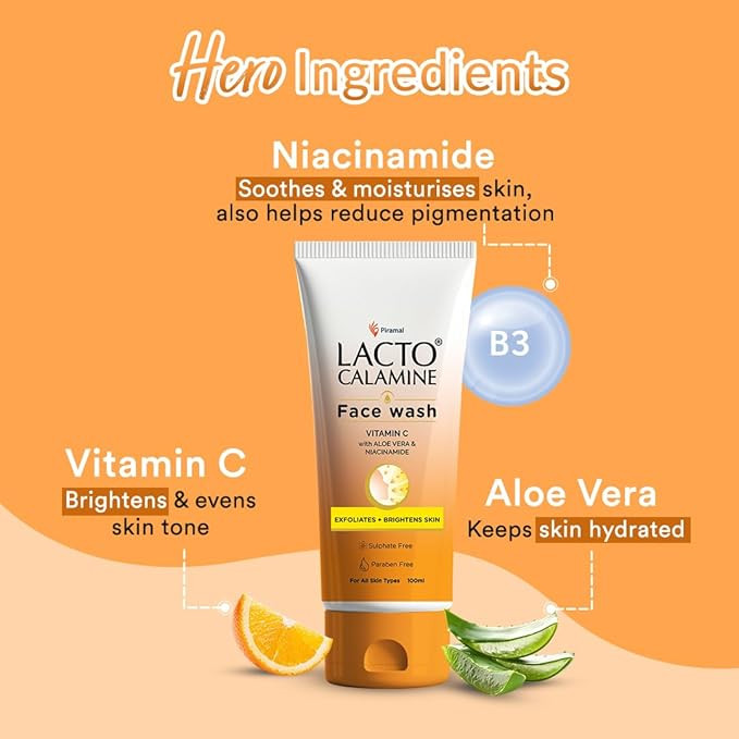 Lacto Calamine Vitamin C Face Wash | Pack of 1 x 100ml | Aloe Vera & Niacinamide Face Wash for Glowing Skin | Facewash that Exfoliates Skin & Reduces Pigmentation | No Parabens, No Sulphates