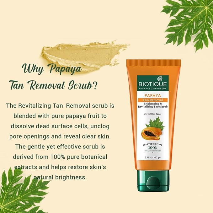 Biotique Papaya Tan Removal Brightening & Revitalizing Face Scrub | Gentle Exfoliation | Smooth and Clear Complexation | 100% Botanical Extracts| Suitable for All Skin Types | 100g