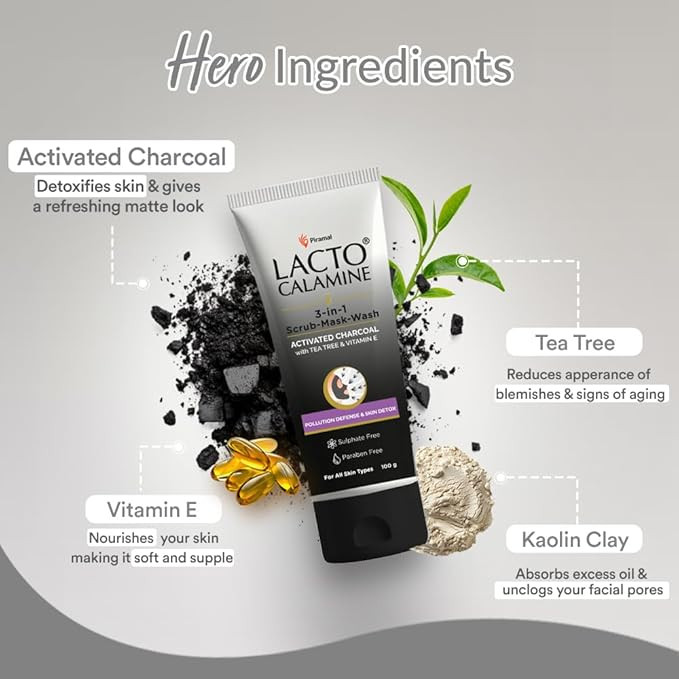 Lacto Calamine 3-in-1 Charcoal Face Scrub-Mask-Wash for Pollution Defence | 100 ml x 1 | Multi-action Encapsulated Charcoal Face Wash, Face Scrub, Face Mask with Kaolin Clay, Tea Tree Oil & Vitamin E