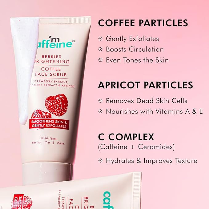 mcaffeine Berries Brightening Coffee Face Scrub For Glowing Skin | Gently Exfoliates, Smoothes & Improves Skin Tone | Removes Tan&Dead Skin | Tan Removal Face Scrub | Non-Drying For Women & Men-75Gm