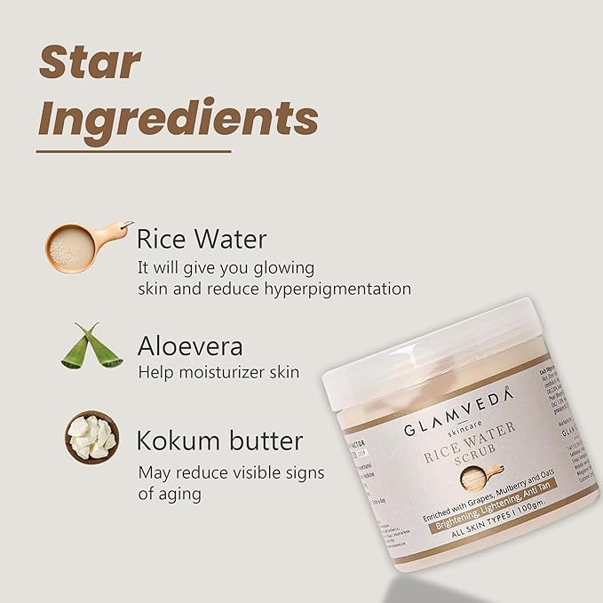 Glamveda Rice Water Brightening Face Scrub | Creamy Exfoliator Infused with Rice Extracts for Even Skin Tone (100g)