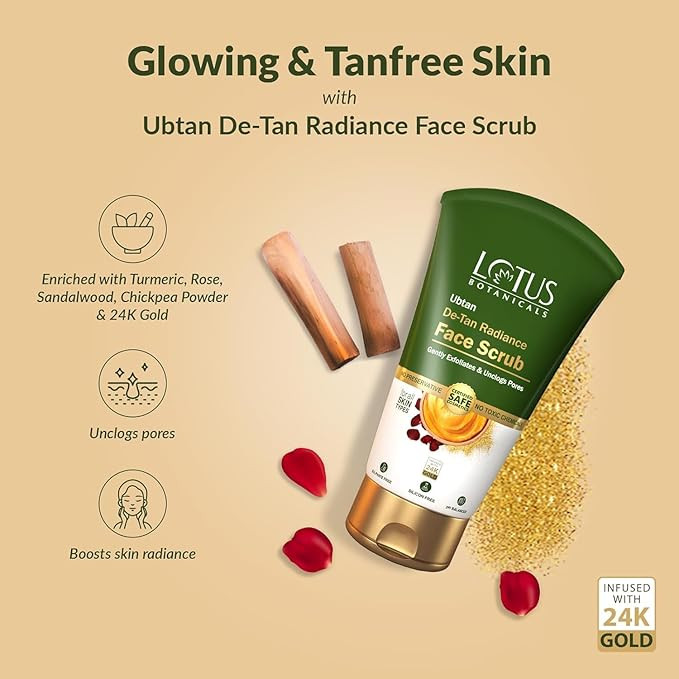 Lotus Botanicals Ubtan De-Tan Radiance Face Scrub | Infused with 24K Gold | For Gentle Exfoliation, Unclogs Pores, Glowing & Rejuvenated Skin, Anti-Tan | No Silicon, No Sulphates, Non-Comedogenic, No Preservatives | 100g