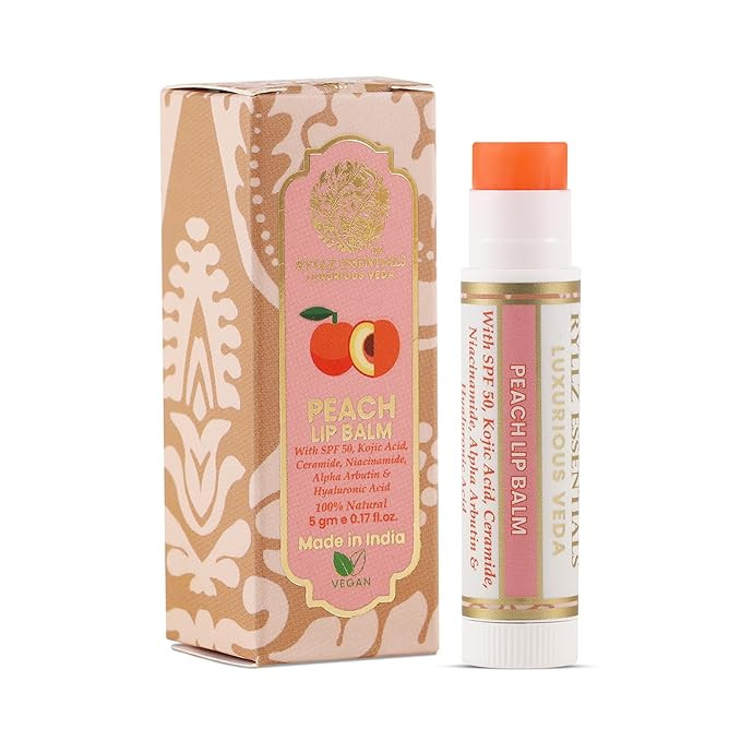 RYLLZ ESSENTIALS Peach Lip Balm | SPF 50 PA+++ | With Shea Butter, Kojic Acid, Ceramide, Niacinamide, Alpha Arbutin & Hyaluronic Acid | Peach Tint | For Lip Lightening & Moisturized Lips | 5 Gm