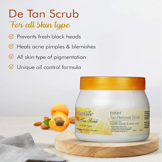 NutriGlow De Tan Scrub For Deep Exfoliation Tan Removal, Brightening Skin, Acne Prone, Blackheads, Pore Cleanser, Oily Skin, No Paraben & Sulpahate, 500 gm