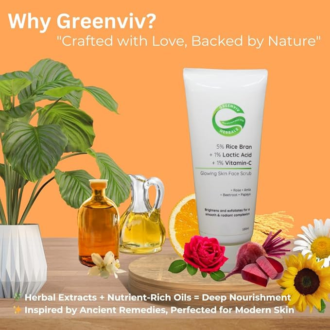 Rice Bran Face Scrub for Glowing Skin | with Vitamin C & Lactic Acid | Gently Exfoliates, Brightens & Smoothens Skin | For All Skin Types | 100 g