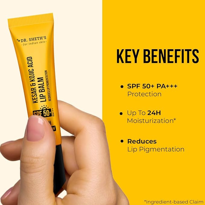 Dr. Sheth's Kesar & Kojic Acid Lip Balm|Reduces Lip Pigmentation|SPF 50+ PA+++|24H Moisturization|Non Sticky|Lightweight|For Dark,Dry,Flaky Lips|Natural Oils & Butters|All Genders|10g,Yellow pack of 1
