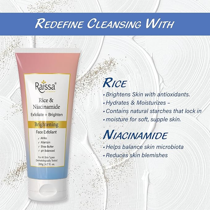 Raissa Facial Scrub with Rice Starch & Niacinamide | Exfoliating De-Tan Face Scrub for Men & Women | Hydrates, Brightens & Soothes Skin | Reduces Blemishes | 200g