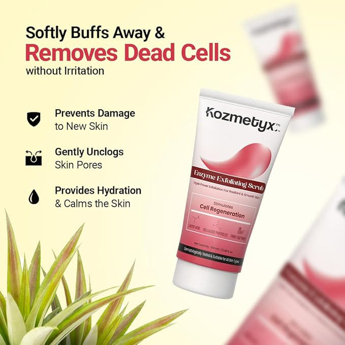 Kozmetyx Enzyme Face Scrub for Men & Women | Papaya & Pineapple Exfoliating Scrub with Lactic Acid & Cellulose | Removes Dead Skin, Unclogs Pores & Brightens Skin – 100ml