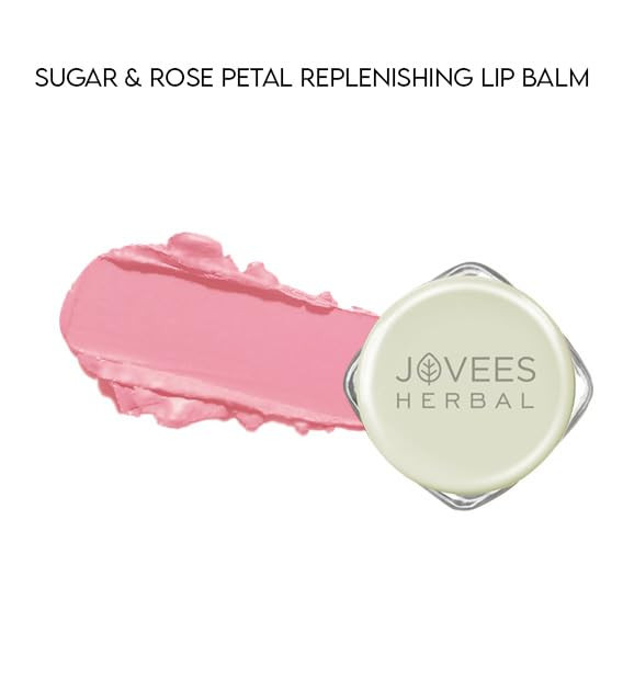 Jovees Herbal Sugar & Rose Petal Replenishing Lip Balm For Soft, Shiny and Glossy Lips | Lip Balm For Dark, Pigmented, Dry, Flaky Lips | 24 Hour Hydration | Rejuvenates Dry and Chapped Lips- 8g