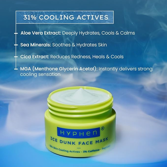 Hyphen Ice Dunk Instant Cooling Face Mask with 31% Skin Cooling Actives | 3% Caffeine - Instant Depuff, Tightening & Pore Reduction | Winter Face Care Routine | Collagen Boost Cryo Therapy Face Pack For Glowing Skin - 50 gm