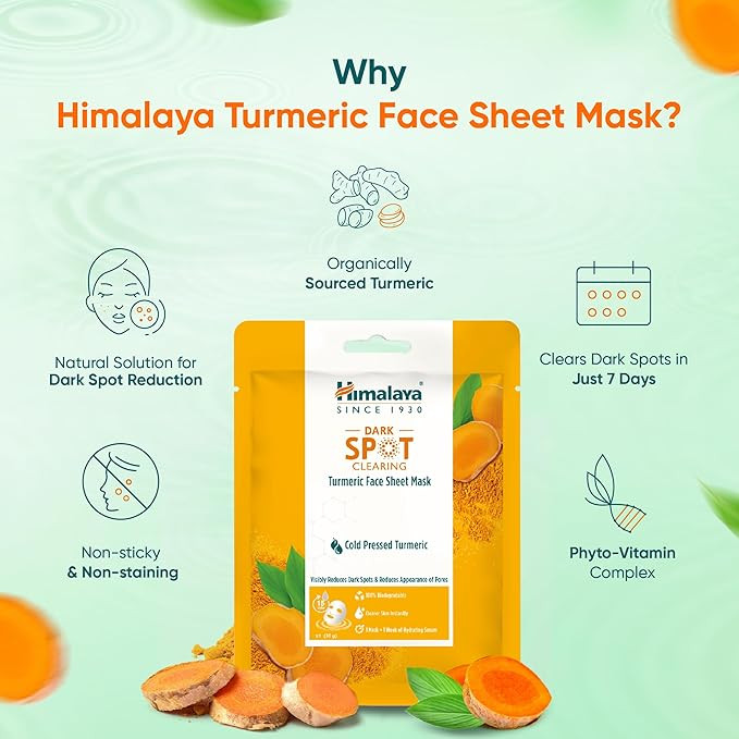 Himalaya Dark Spot Clearing Turmeric Face Sheet Mask 30G | Organically sourced Turmeric | See the result from 7th day | Hyaluronic Acid | 30g