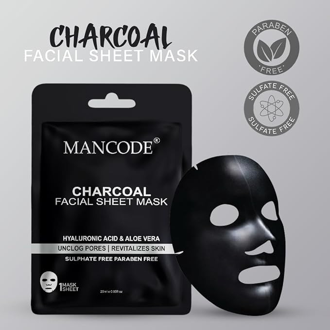 Mancode Charcoal Facial Sheet Mask 25ml Hyaluronic Acid & Aloe vera Unclog Pores Revitalizes Skin Brightening & Enhances Glow Korean Sheet Mask for Men Women Unisex Sheet Mask Set Combo Pack of 3