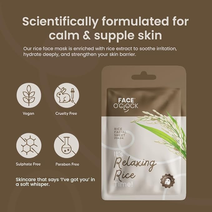 Face O'Clock - It's Relaxing Rice Time - Facial Sheet Mask – 20g | Hydrating & Brightening Skincare with Rice Extract | Soothing, Nourishing & Glow-Boosting Treatment