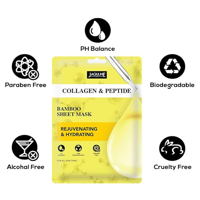 JAQULINE USA Collagen & Peptide Sheet Mask | Zero Paraben & Sulphate | Biodegradable Ber Mask | Lightweight | Hydrating & Skin Firming
