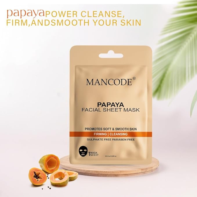 Mancode Papaya Facial Sheet Mask 25ml Promotes Soft and Smooth Skin Firming Cleansing Pore Reducing, Brightening and Enhances Daily Glow | Korean Sheet Mask for Men Women | Unisex Sheet Mask Set 25ml