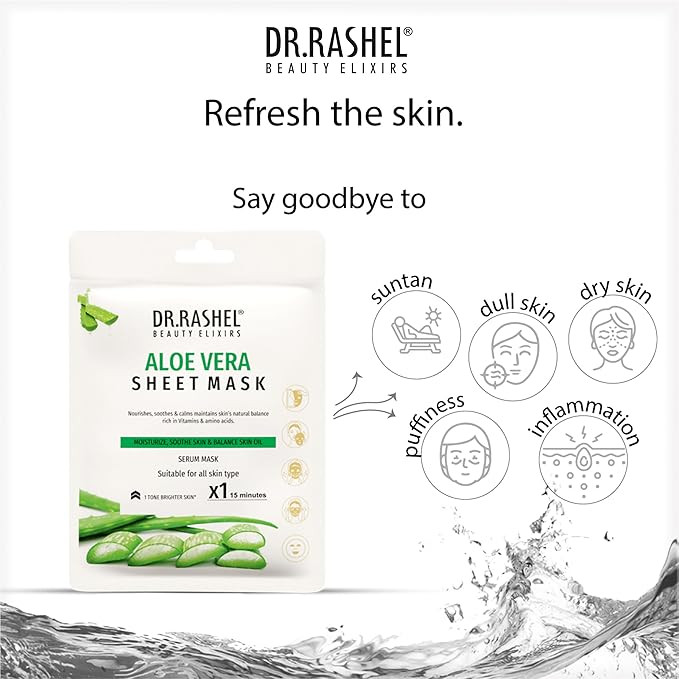 DR.RASHEL Aloe Vera Face Sheet Mask With Serum For Women And Men | All Skin Types | Deep Cleansing & Oil Control | Soothing And Hydrating | Paraben Free | Pack Of 4 | 20 Grams Each