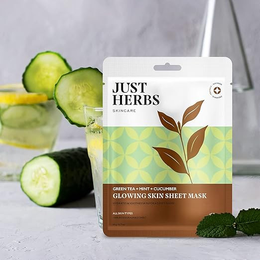 Just Herbs Sheet Mask Glowing Skin Serum Masks, 20g (Green Tea, Mint, Cucumber)