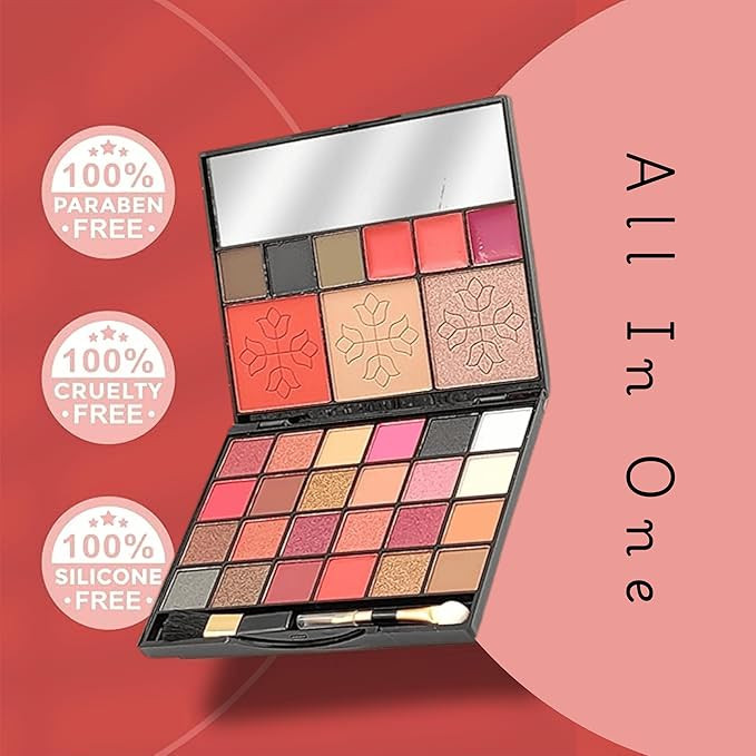 All-in-One Makeup Kit with Mirror | 24 Eyeshadow Palette with Brush, 3 Eyebrow Powder, 3 Lip Gloss, Blush, Contour & Highlighter Palette | Complete Cosmetic Set for Girls & Women