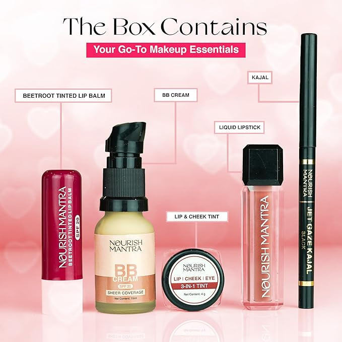 Nourish Mantra Urban Rani Essential Makeup Kit | contains BB Cream, Black Kajal, Liquid Lipstick,tinted Lip Balm, lip & Cheek Tint | Pack of 5 | Face Makeup Kit | Gift Set for Women