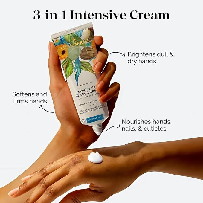LuxaDerme Korean Hand & Nail Rescue Cream | Nourishes, Brightens, and Firms Dry Hands |10% Shea Butter, 2% Niacinamide & Astaxanthin, Korean Skincare - 50ml