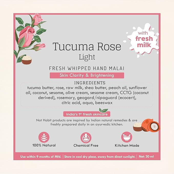Nat Habit Tucuma Rose Light Hand Cream Fresh Whipped Hand Malai With Shea Butter For Men & Women, Hand Moisturization, Clarity & Brightening, Chemical Free (30 ml)