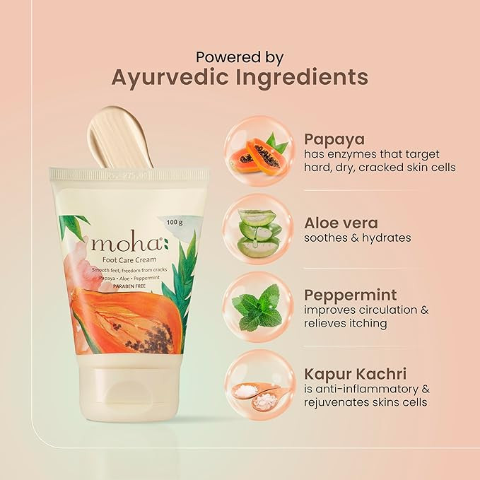 Moha | Deep Nourishment & Fast Healing Heel Repair Cream | Cooling & Vegan Formula with Aloe, Papaya, Peppermint & kapurkachri | Clinically Proven | Moisturizing Foot Cream for Rough Calloused Skin | Softening, Exfoliating & Paraben - 100gm (Pack of 1)