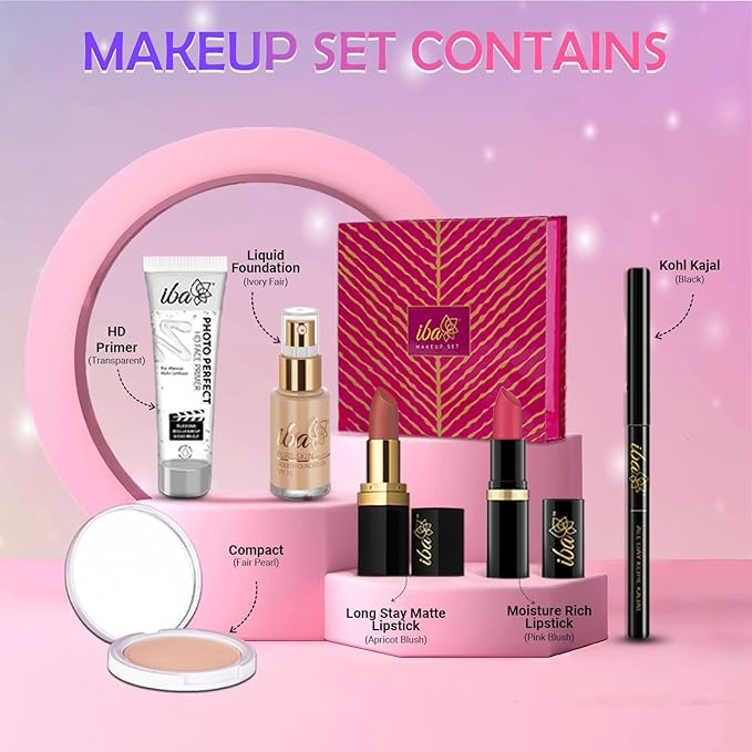 Iba Makeup Gift Set for Women (Fair) | Foundation, Compact, Primer, Lipsticks, Kajal | Long Lasting | Full Coverage | Bridal Makeup Kit for Women | 100% Vegan & Cruelty-Free (6 items makeup combo in the one set)