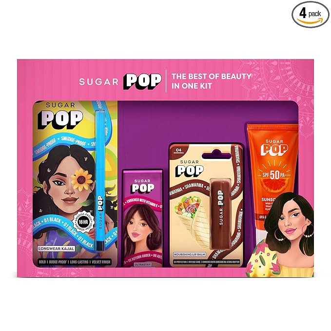 SUGAR POP The best of Beauty in one Kit | Festive Gift Set for Women | Lipstick, Lip Balm, Kajal & SPF 50 Sunscreen | 4 in 1 Makeup Kit