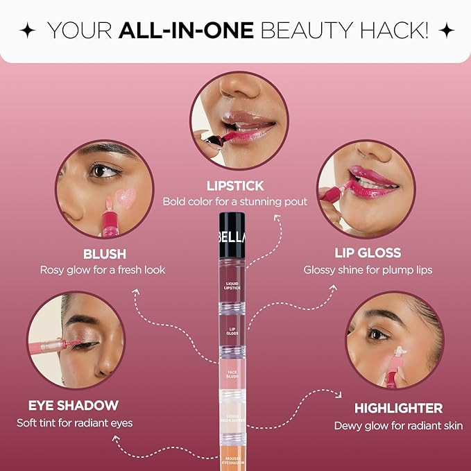 BELLAVITA High Five 5-in-1 Face Glam Makeup Stack- Eyeshadow, Highlighter, Lip Gloss, Lipstick & Blush | Long-Lasting, Smudge-Proof, Travel-Friendly | Smooth Talker | 4.3ml