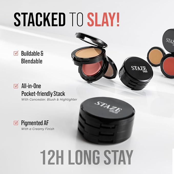 Staze 9to9 Triple Treat Stacked Face Palette 01 Main Character | Blush, Concealer & Highlighter | 3-in-1 Makeup Kit for All Skin Types, Travel-Friendly
