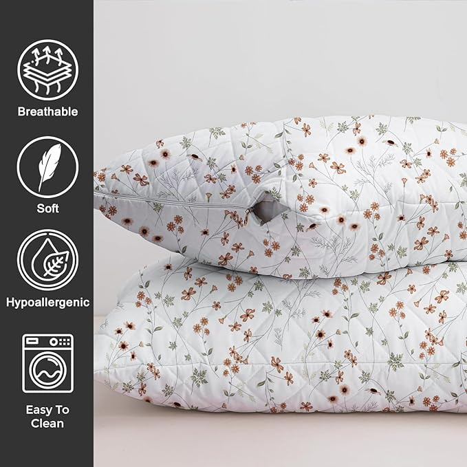 LINENWALAS Printed Cotton Quilted Pillow Cover - Set of 2|Ultra-Soft,Cooling & Breathable|Skin & Hair Friendly |Zipper Closure|Sweat-Absorbent & Hypoallergenic (18x28 Inches,Crimson Flower),300 TC