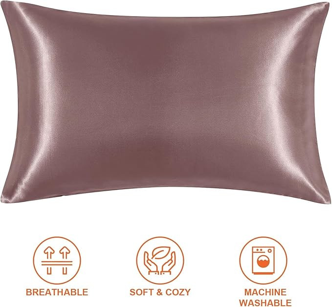 Satin Pillow Cover for Hair & Skin 3 Months Warranty with 2 Silk Pillow Covers & 3 Satin Scrunchies for Women Gift Items for Women | Silk Pillow case | Satin Bonnet for Curly Hair(Rosetaupe)