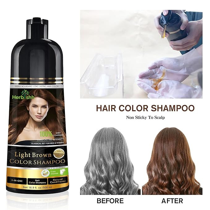 Herbishh Hair Colour Shampoo (Light Brown, 500Ml) - Paraben Free, Ammonia Free Hair Color For Women & Men | Permanent Hair Dye Shampoo with 100% Grey Coverage Up To 8 Weeks