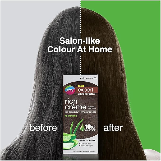 Godrej Expert Rich Crème Hair Colour for Women & Men – DARK BROWN Shade 4.06 (50ml + 50g) | No Ammonia | 10x Aloe Vera & 100% Grey Coverage