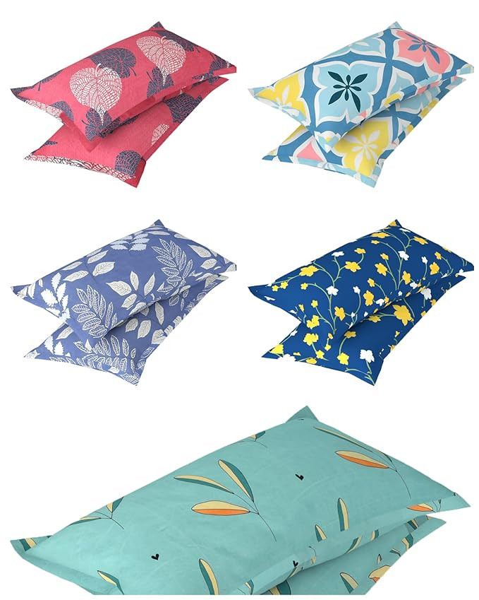 VAS COLLECTIONS 10 Pcs Cotton Floral Pillow Cover Set (5 Pairs) | 180 TC Supersoft Brushed Microfiber - Breathable & Wrinkle Free - 10 Pcs Set | Blue & Coffee