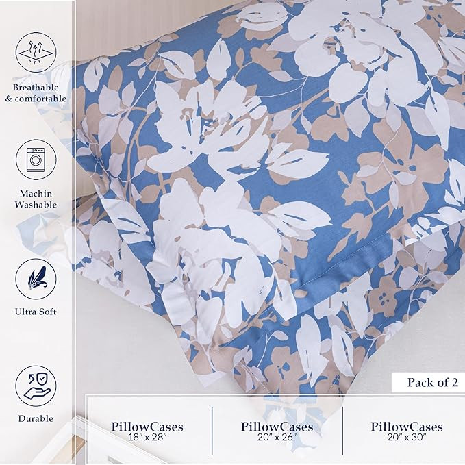 HOMEMONDE 100% Cotton Pillow Covers – Set of 2, Blossom Haze Design, Soft & Durable Fabric, 17x27 Inches, Decorative Pillowcases for Bedroom, Living Room, Hotel