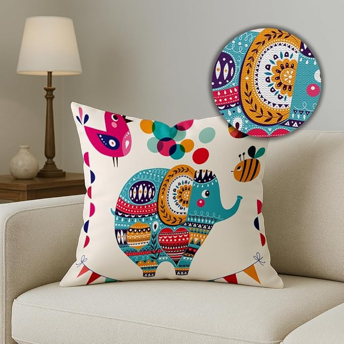 STITCHNEST Set of 5 Polycotton Cushion Covers – 16x16 Inches – Multicolor Elephant & Jungle Print – Playful Cushion Covers for Kids Room, Sofa & Living Room Decor