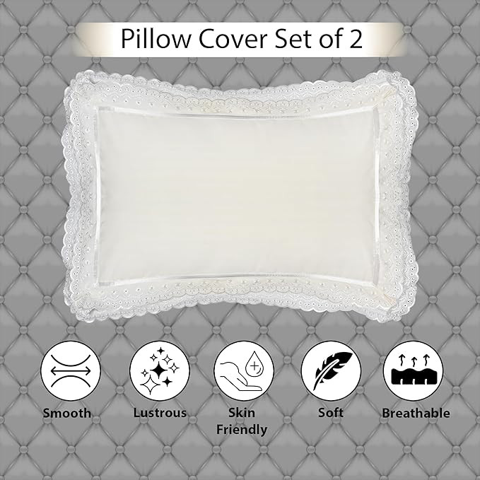 Cotton Double Lace Embroidered Pillow Cover| 400 TC| 17x27 Inch Soft Pillow Covers for Bedroom,Living Room,Couch| Decorative Throw Pillow Cover Set| Pack of 2| Ivory Mist Off White