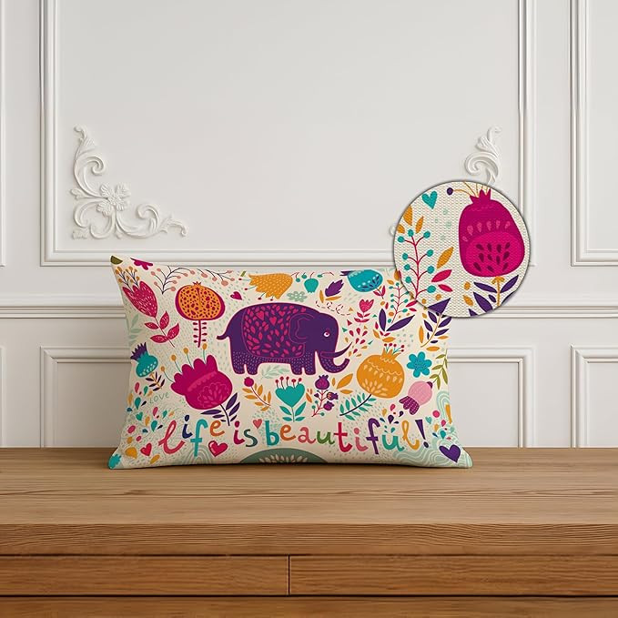 STITCHNEST Set of 2 Cushion Covers – 12x18 Inches – Multicolor Elephant & Jungle Print in Soft Polycotton – Fun & Playful Decor for Kids’ Room, Sofa, or Living Room.