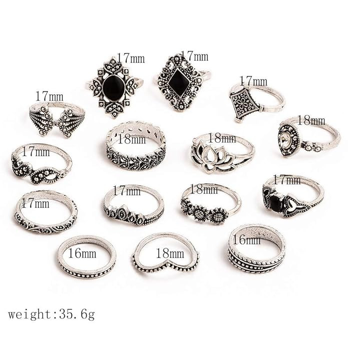 Shining Diva Fashion Non Precious Base Metal Boho Midi Finger Ring for Girls - Set of 15 (Silver, 11800r)