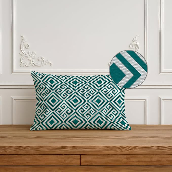 STITCHNEST Ethnic Flowers Tree Printed Poly Cotton Rectangular Cushion Covers,Teal,Yellow Set of 2 (12 x 18 inches)