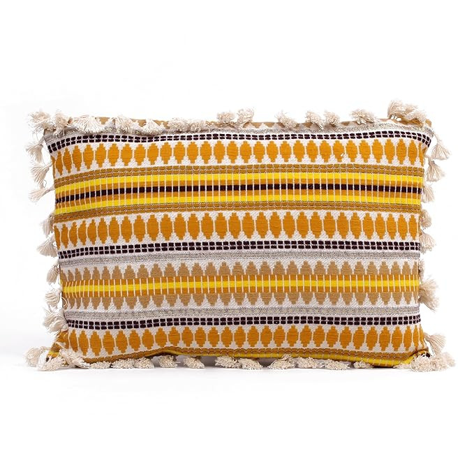 STITCHNEST Geometric Yellow Cushion Covers Set of 2 – 12x18 Inch | Woven Fabric with Tassels | Decorative Cushion Covers for Sofa, Bed, Living Room & Home Décor