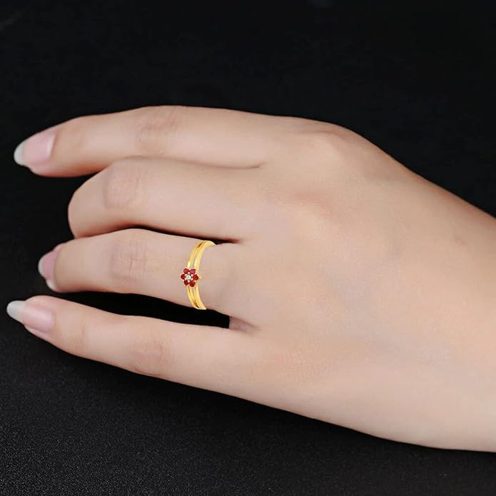 Mahi Gold Plated Floral Adjustable Finger Ring with Ruby and Crystal for Women (FR1103150GRed)