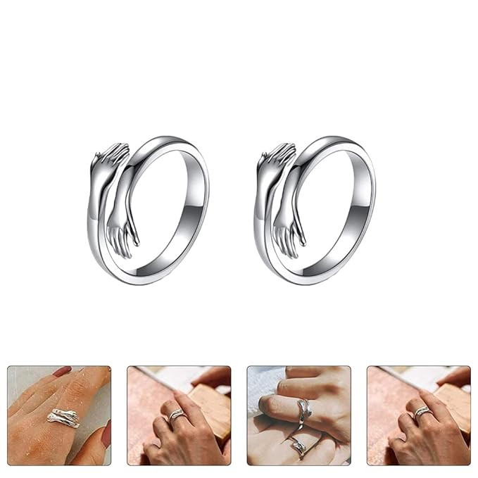 Adjustable Silver Rings Couple Hug for Women Mother Grandmother Wife Girlfriend Female Lover - 2pcs