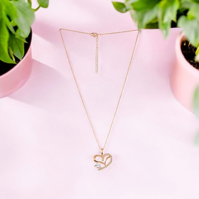 Nilu's Collection American Diamond Rose Gold Plated Love Shaped Pendant Necklace Set with Chain & Stud Earring for Girls and Women (NL1006)