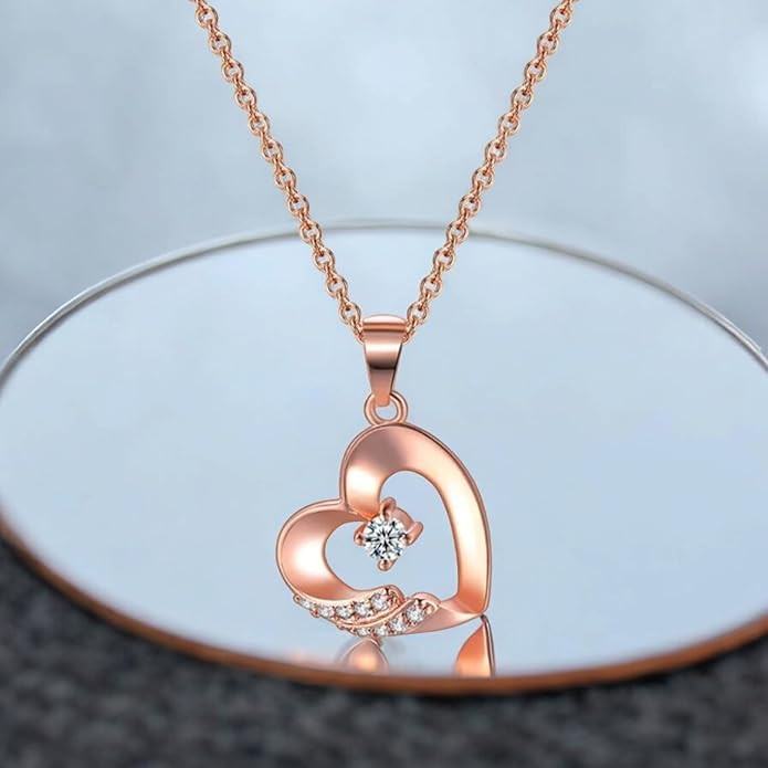 Nilu's Collection 18K Rose Gold Plated Necklace for Women and Girls | Love Pendant for Women | Valentine Special Heart Pendant Chain